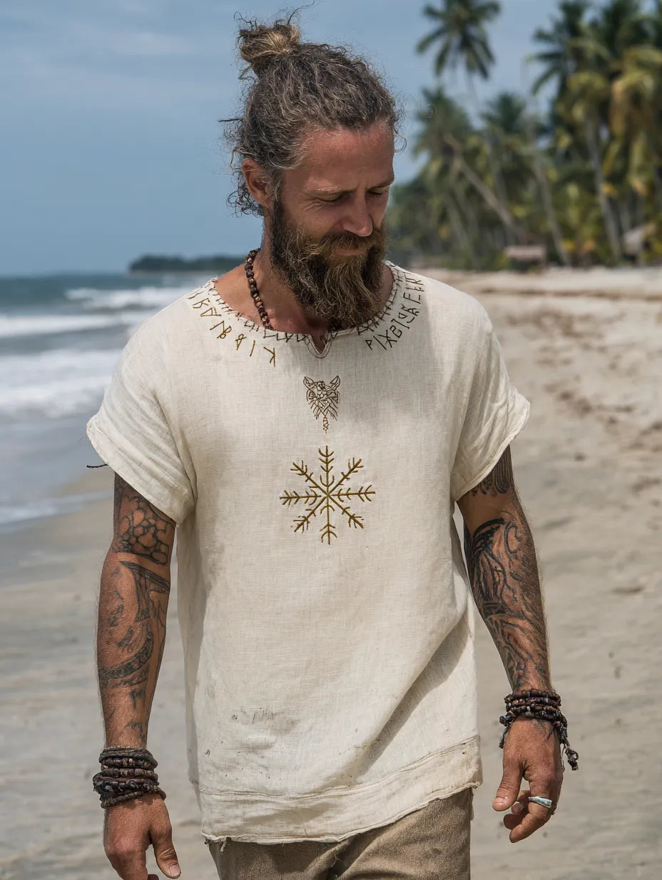 Men's Viking Vintage Distressed Runes Design Linen Shirt