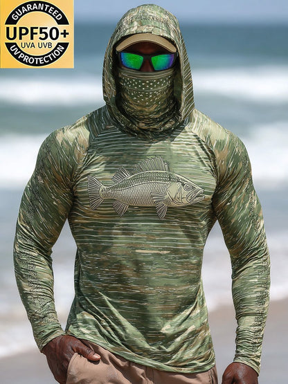 Men's Outdoor Sun Protection Breathable Cool Face Mask Hooded Printed Long-Sleeved Top