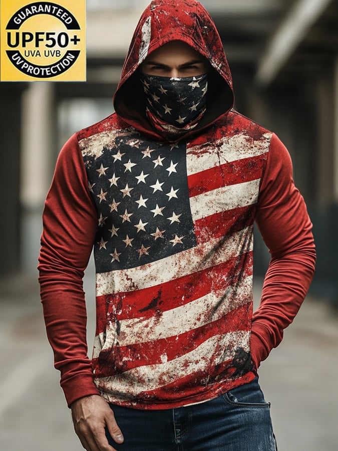 Men's Outdoor Sun Protection Breathable Cool Mask American Flag Print Hooded Sun Protection Long Sleeve Top