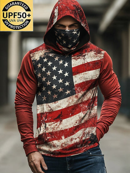 Men's Outdoor Sun Protection Breathable Cool Mask American Flag Print Hooded Sun Protection Long Sleeve Top