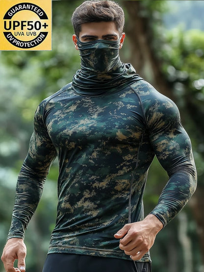 Men's Outdoor Sun Protection Breathable Cool Hunting Camouflage Mask Hooded Sun Protection Long-Sleeved Top