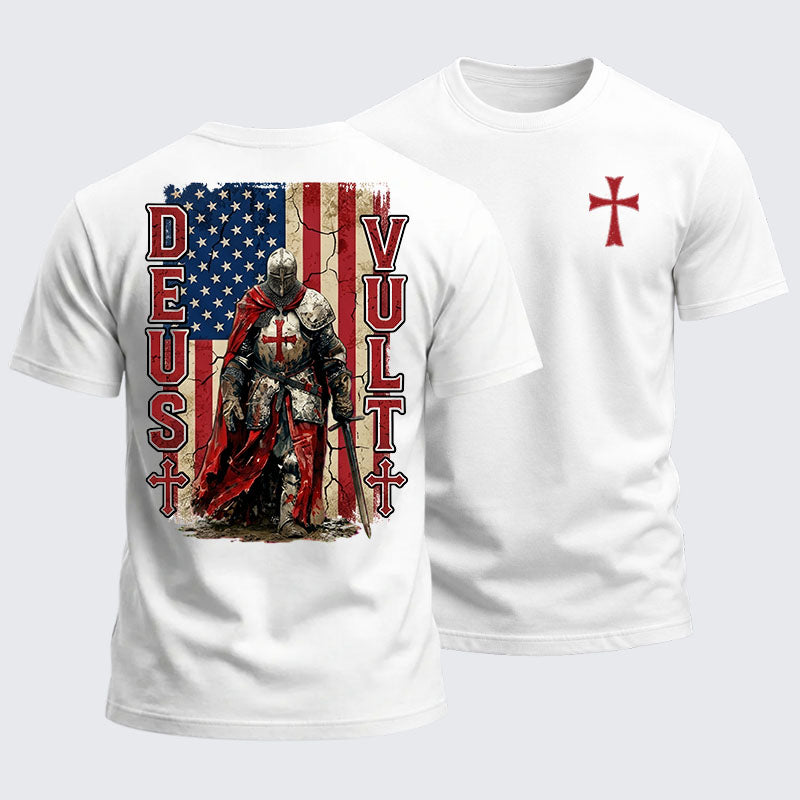 Heavyweight Cotton Tee - Deus Vult Knight Templar American Flag Crusader