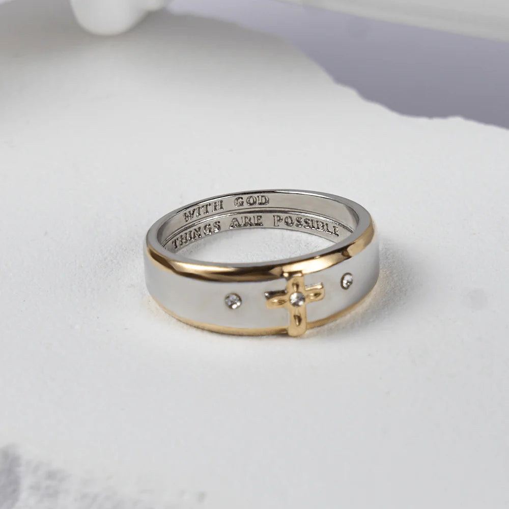 Modern Style Two-tone Gold Cross Alloy Ring(Made in Holy Land)