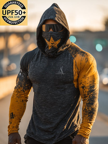 Men's Retro Logo Print Outdoor Sun Protection Breathable Cooling Mask Hooded Sun Protection Long Sleeve Top