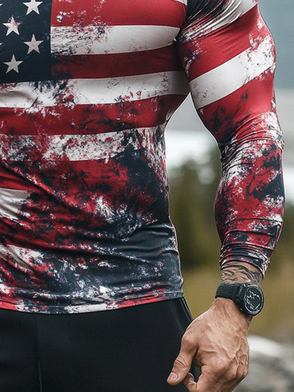 Men's Outdoor Sun Protection Breathable Cool Mask American Flag Print Hooded Sun Protection Long Sleeve Top