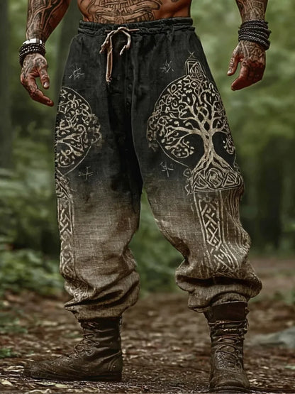 Viking Yggdrasil Rune Printed Gradient Cotton-Linen Pants