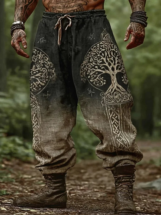 Viking Yggdrasil Rune Printed Gradient Cotton-Linen Pants