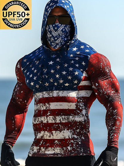 Men's Outdoor Sun Protection Breathable Cool Mask American Flag Print Hooded Sun Protection Long Sleeve Top