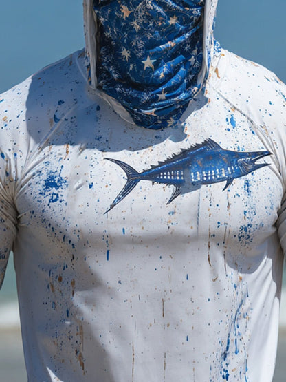 Men's Outdoor Sun Protection Breathable Cool Face Mask Hooded Printed Long-Sleeved Top