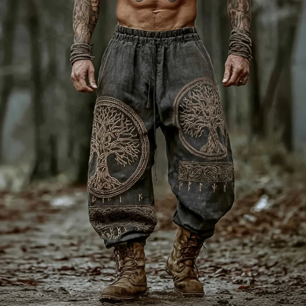 Classic Rune & Celtic Knot Printed Viking Yggdrasil Minimalist Cotton-Linen Pants