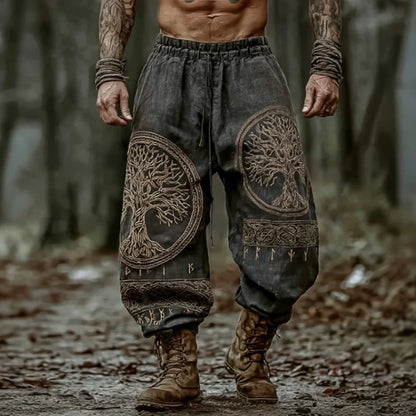 Classic Rune & Celtic Knot Printed Viking Yggdrasil Minimalist Cotton-Linen Pants
