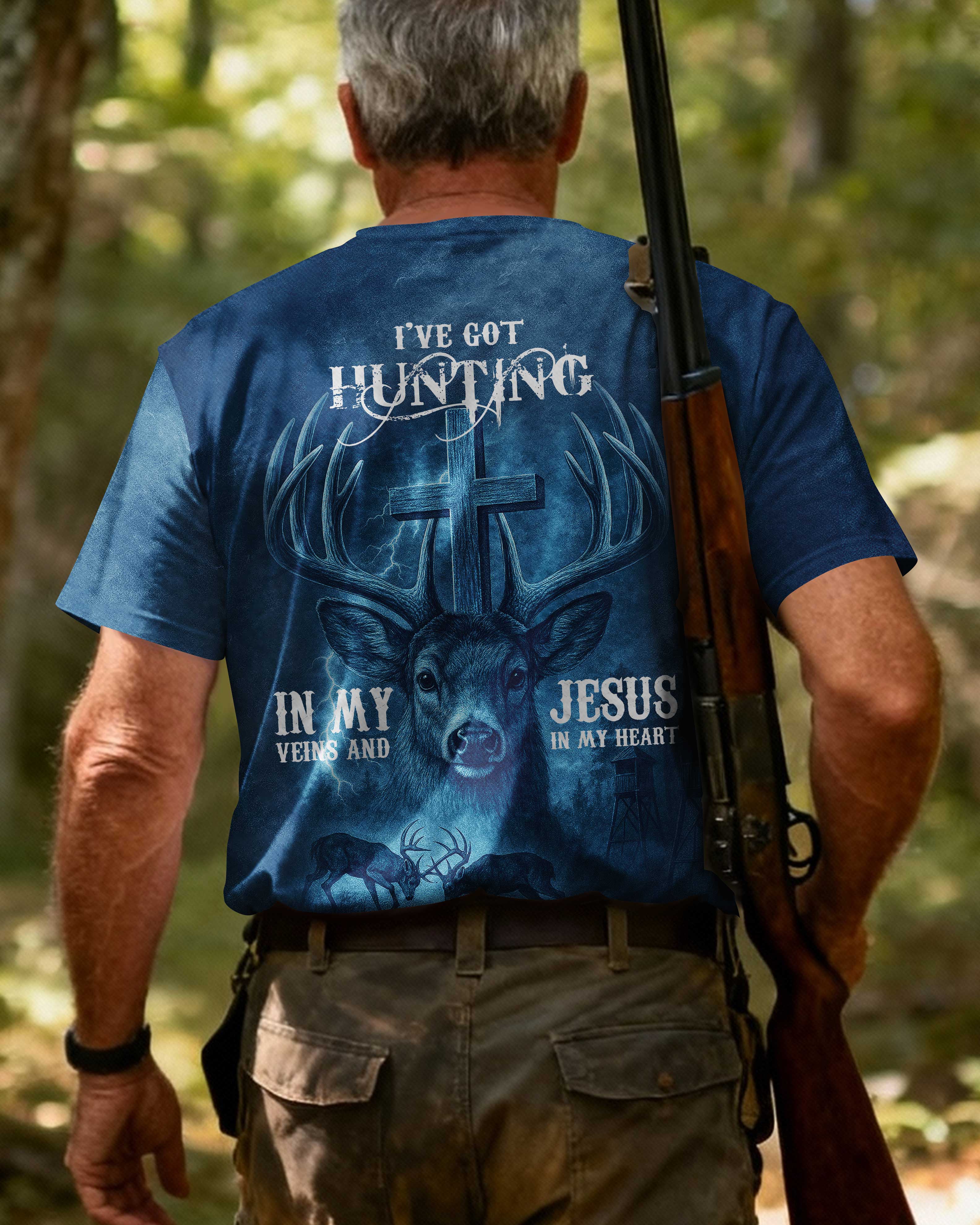 I've Got Hunting In My Veins And Jesus In My Heart Blue T-Shirt