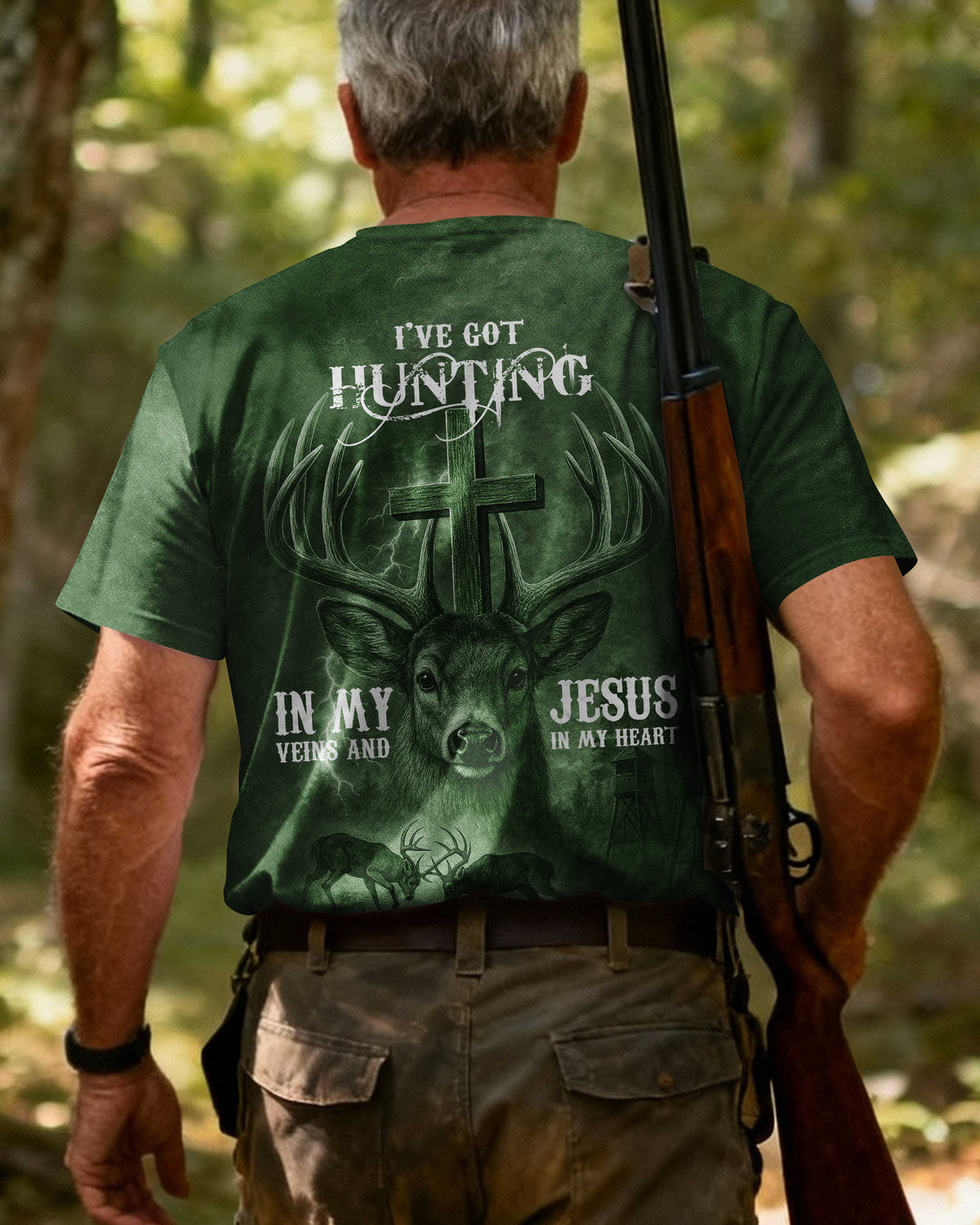 I've Got Hunting In My Veins And Jesus In My Heart Green T-Shirt