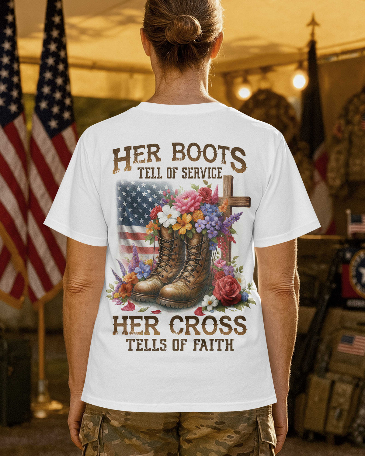 Her Boots Tell of Service Her Cross Tells of Faith T-Shirt