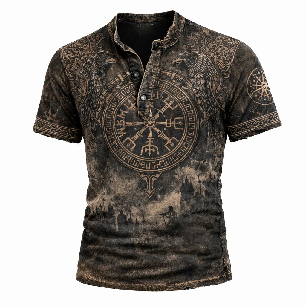 Men's Viking Graphic Print Henley Shirt - Raven & Vegvisir Distressed Short Sleeve T-Shirt