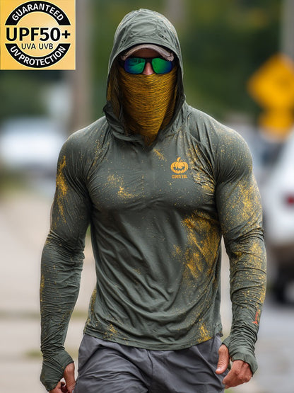 Men's Retro Pumpkin Logo Outdoor Sun Protection Breathable Cooling Mask Hooded Sun Protection Long Sleeve Top