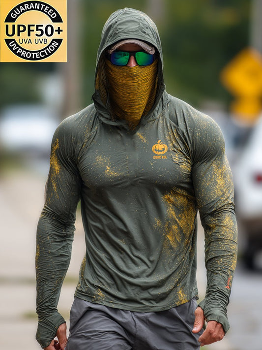 Men's Retro Pumpkin Logo Outdoor Sun Protection Breathable Cooling Mask Hooded Sun Protection Long Sleeve Top