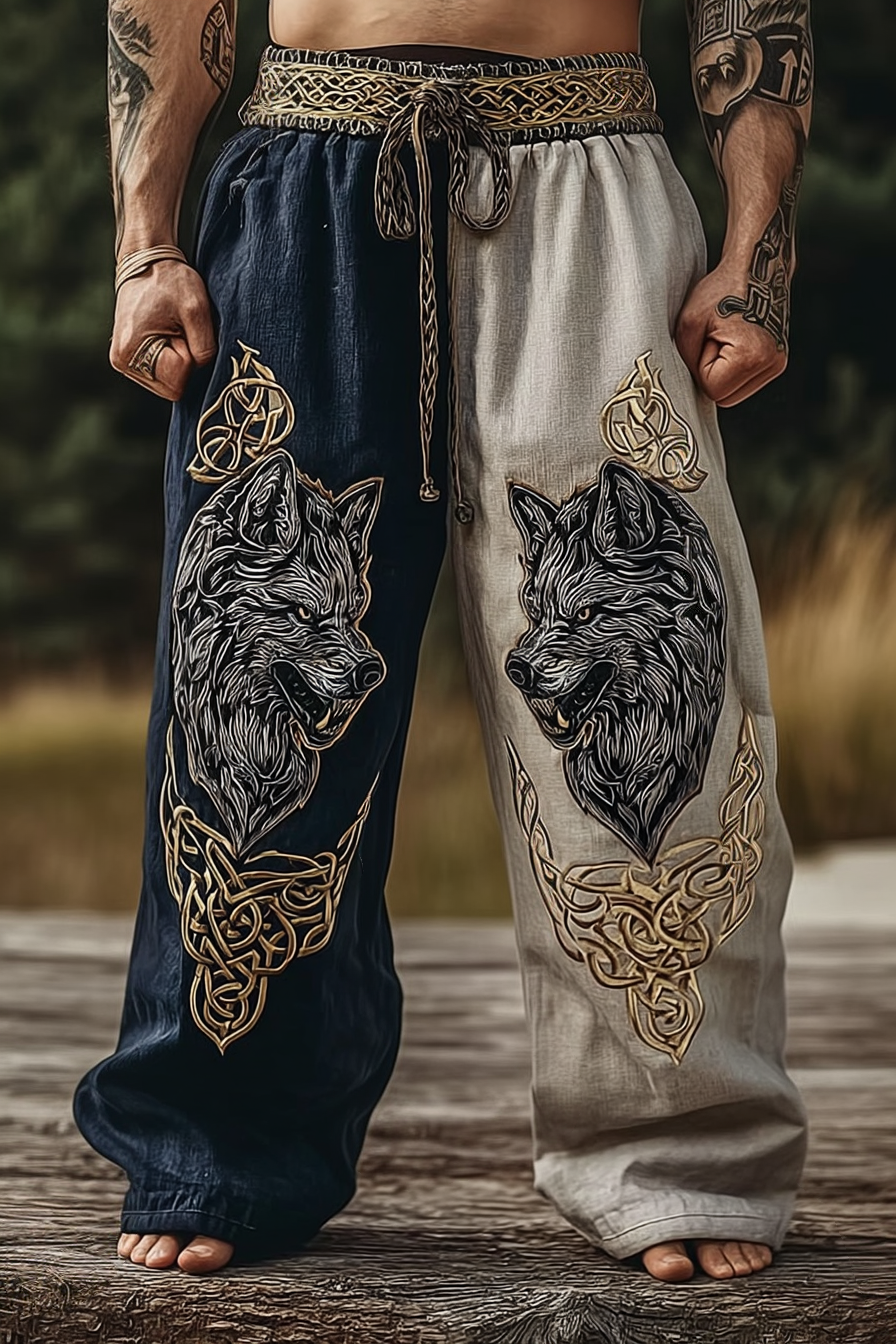 Men's Viking Nordic Rune Wolf Head Totem Two-Tone Knot Sports Pants