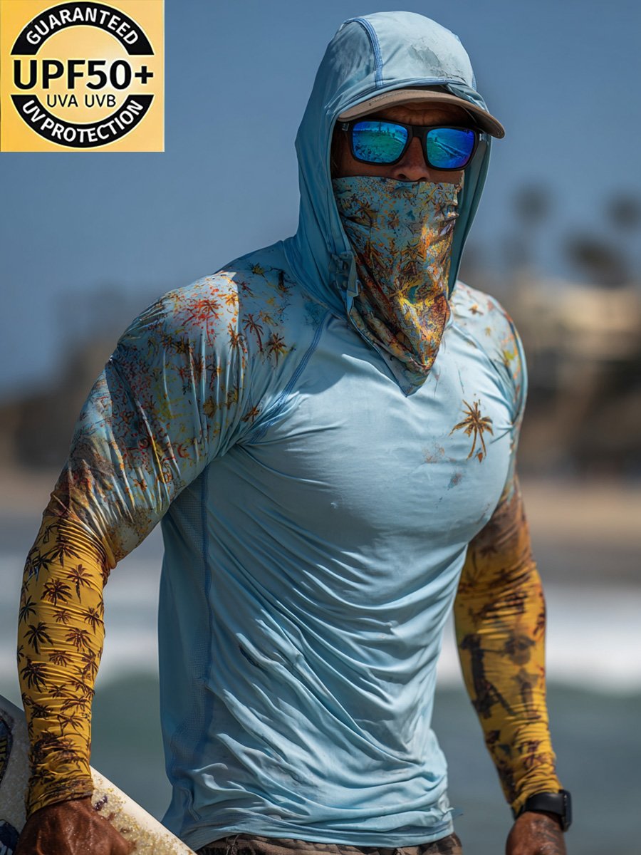Men's Outdoor Sunscreen Breathable Cool Hooded Printed Surf Long-Sleeve Top