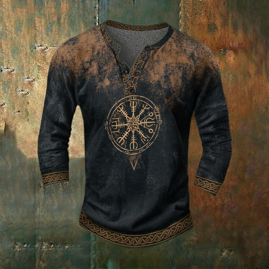 Viking Nordic Vegvísir Compass Raven Two-Tone Unisex Casual Long-Sleeve Henley Shirt