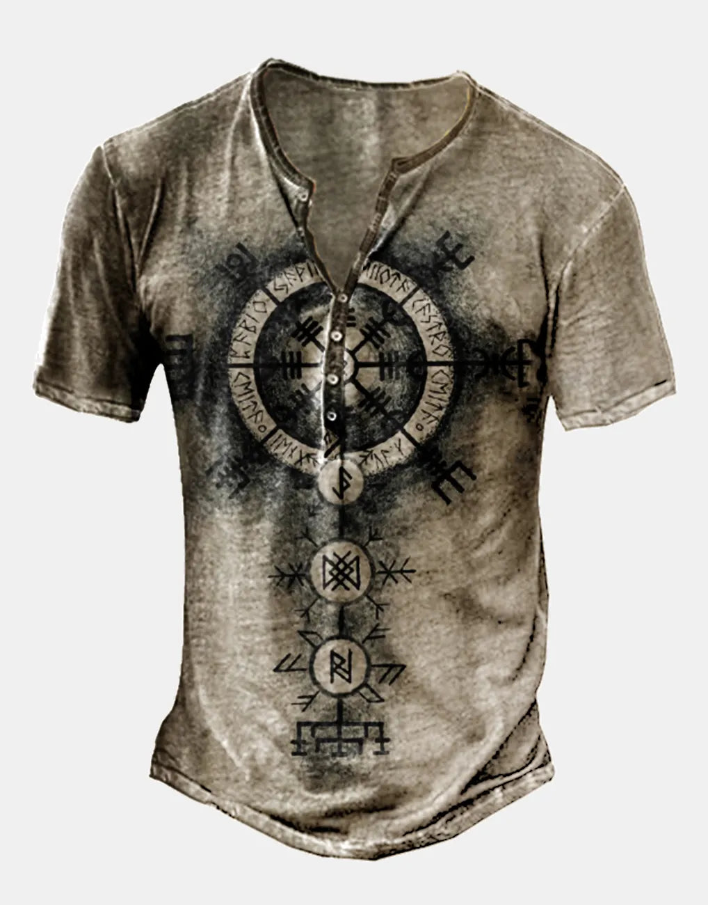 Men's Vintage Print Short Sleeve Henley T-Shirt