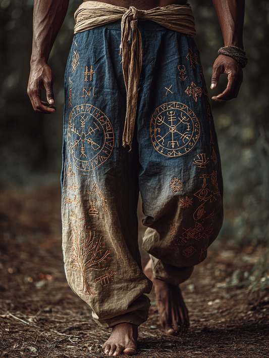 Men's Viking Retro Nordic Tree Of Life Two-Tone Gradient Rune Totem Linen Pants