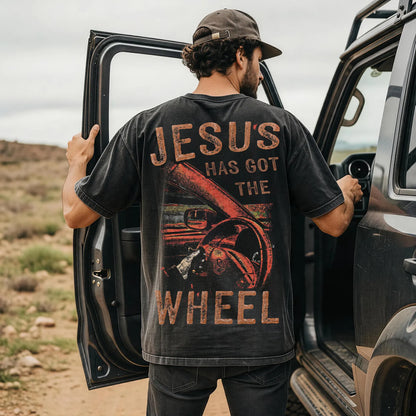 Jesus Has Got The Wheel Printed Men's Washed Tee
