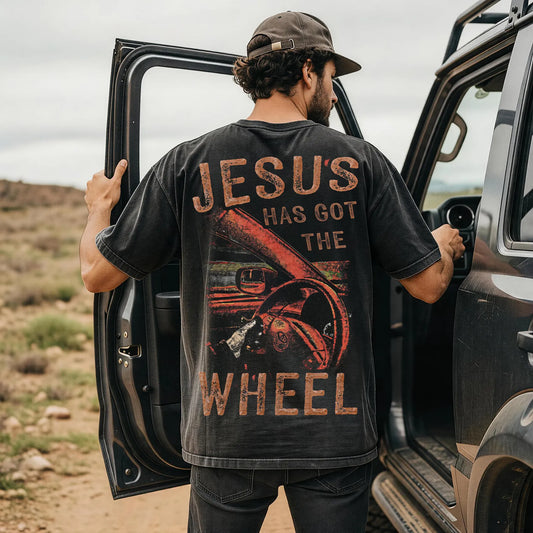 Jesus Has Got The Wheel Printed Men's Washed Tee