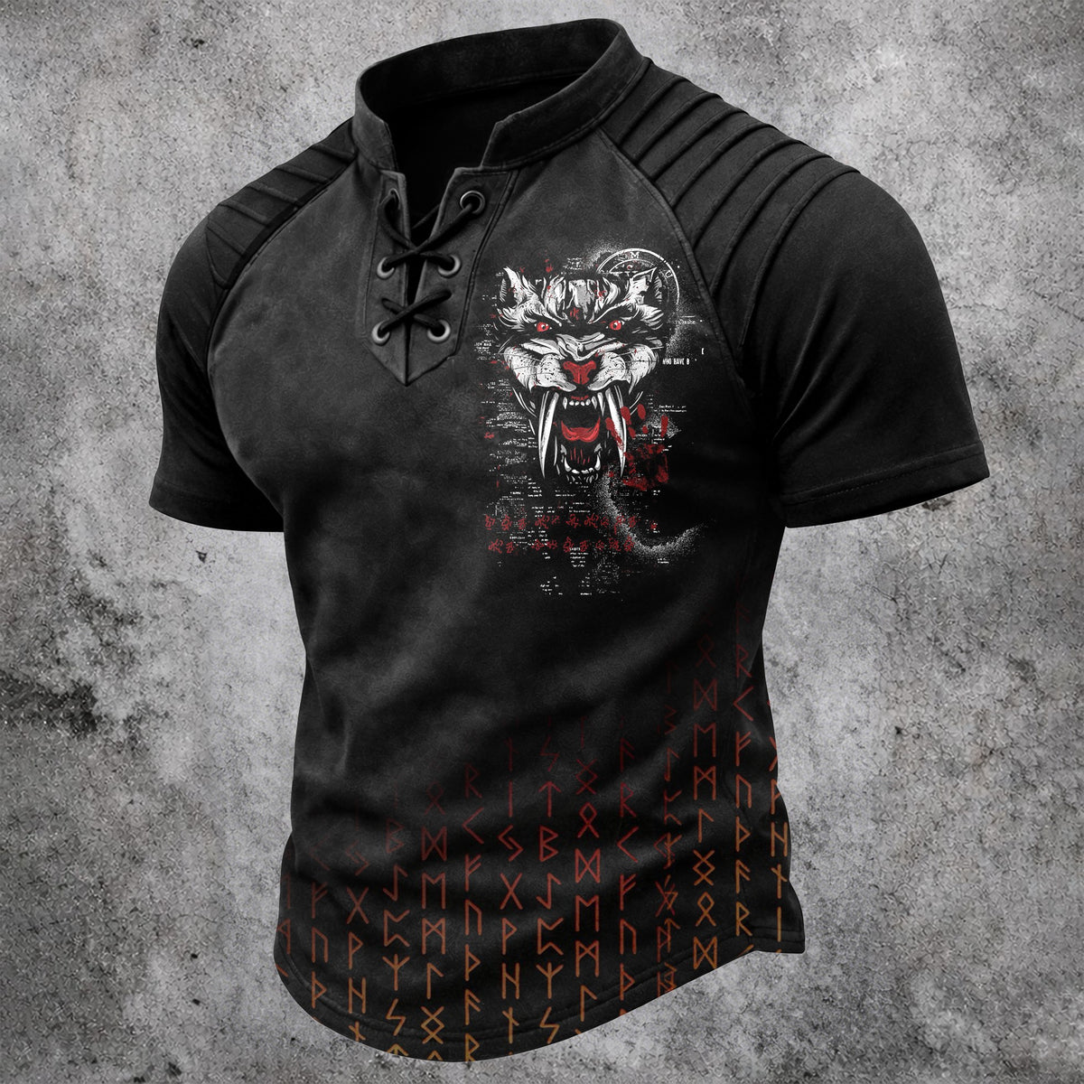 Men's Gothic Wolf & Rune Print Short Sleeve T-Shirt - Lace-Up Neck Pleated Shoulders