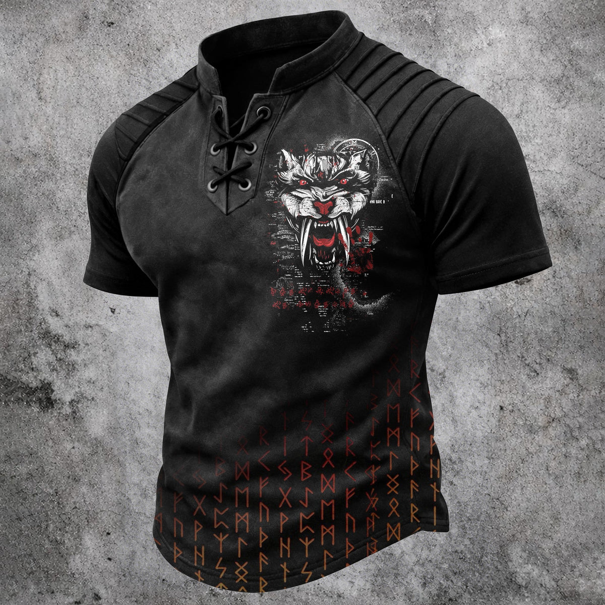 Men's Gothic Wolf & Rune Print Short Sleeve T-Shirt - Lace-Up Neck Pleated Shoulders