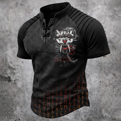 Men's Gothic Wolf & Rune Print Short Sleeve T-Shirt - Lace-Up Neck Pleated Shoulders
