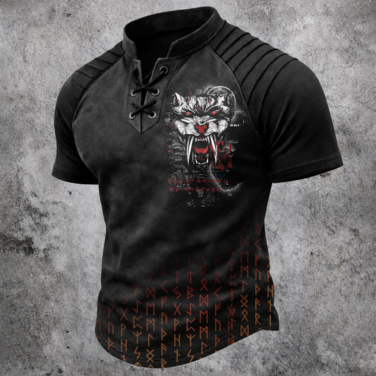 Men's Gothic Wolf & Rune Print Short Sleeve T-Shirt - Lace-Up Neck Pleated Shoulders