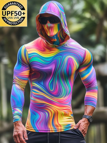 Men's Outdoor Sun Protection Breathable Cool Colorful Mask Hooded Sun Protection Long-Sleeved Top