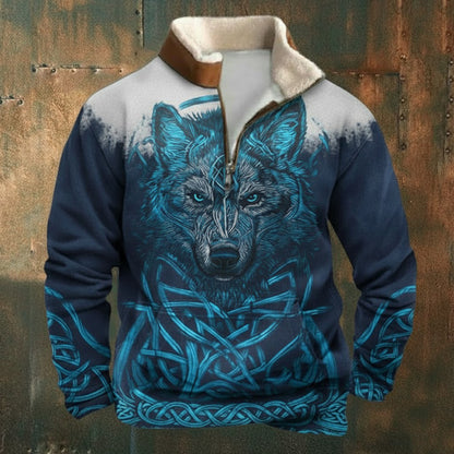Nordic Viking Retro Wolf Sherpa Collar Zip Shirt
