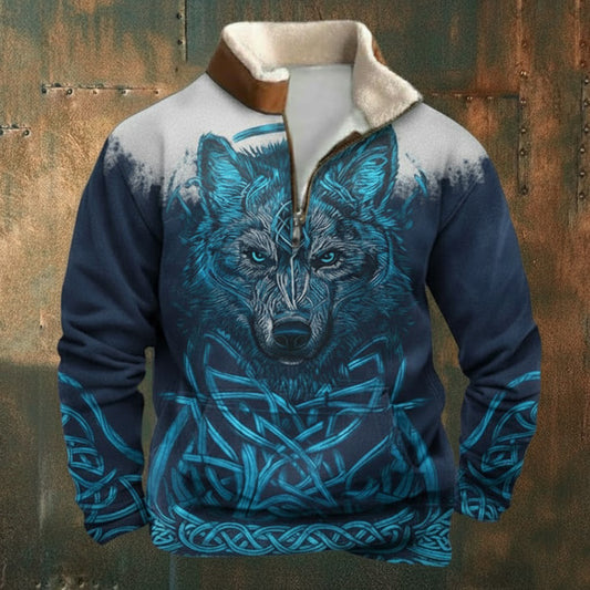 Nordic Viking Retro Wolf Sherpa Collar Zip Shirt
