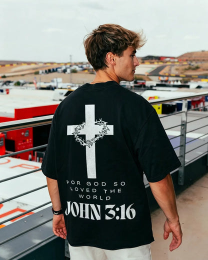 John 3 16 Thorn Crown Cross Christian Verse Printed Men's T-shirt