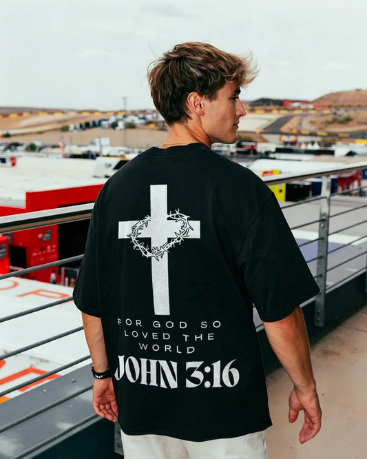John 3 16 Thorn Crown Cross Christian Verse Printed Men's T-shirt