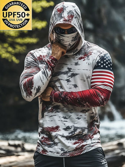 Men's Outdoor Sun Protection Breathable Cool Mask American Flag Print Hooded Sun Protection Long Sleeve Top