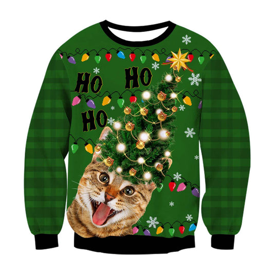 Unisex Christmas Tree Cat Print Crew Neck Ugly Christmas Sweatshirt