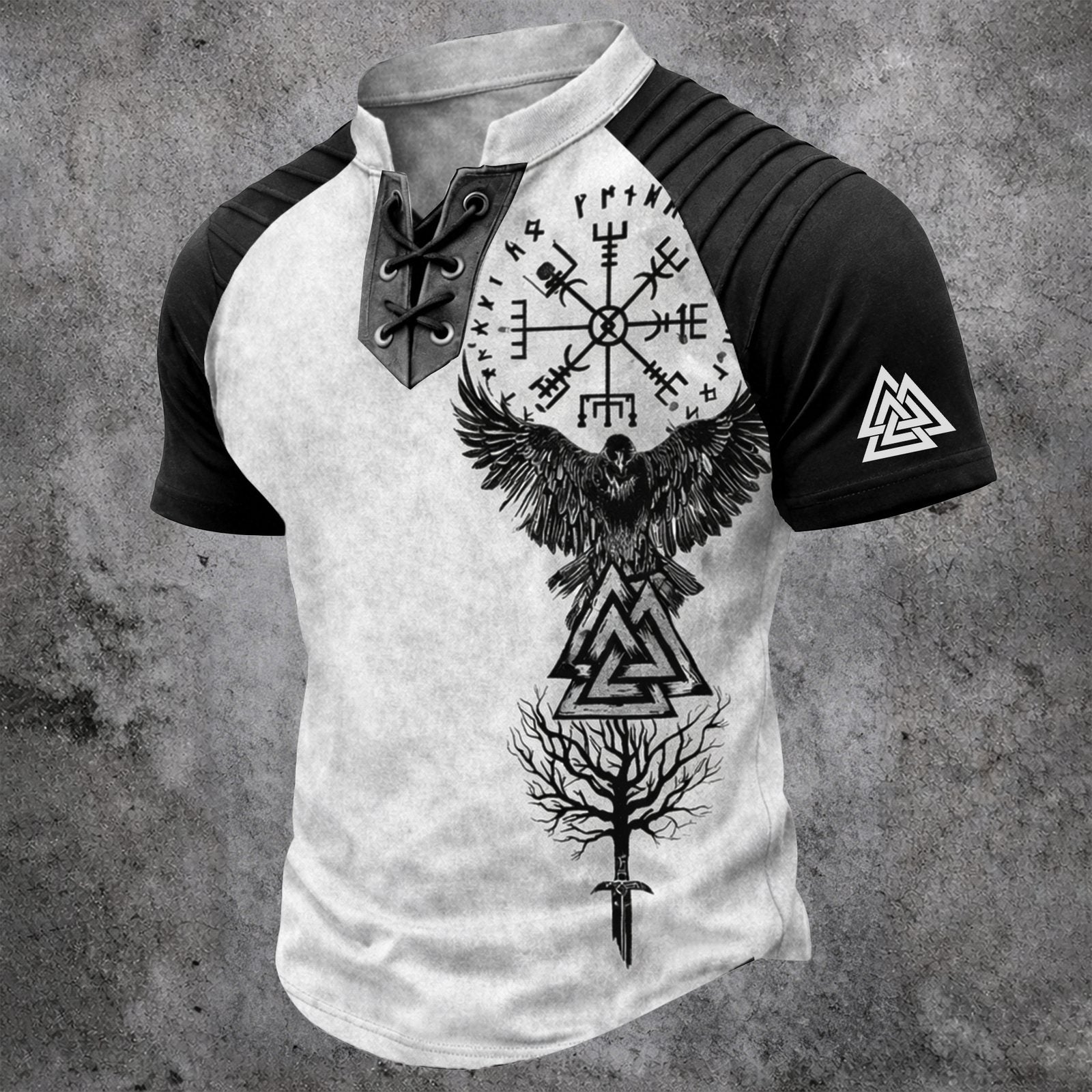 Men's Norse Viking Graphic Henley T-Shirt - Laced V-Neck Raglan Short Sleeve Black White