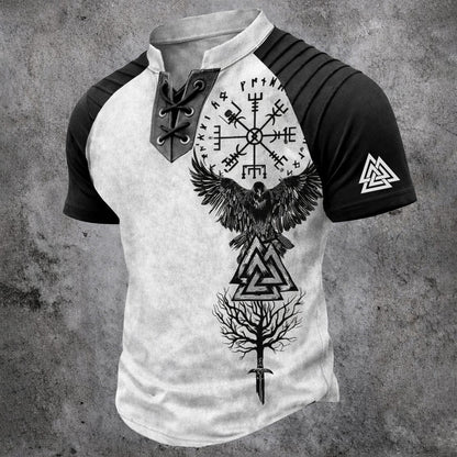 Men's Norse Viking Graphic Henley T-Shirt - Laced V-Neck Raglan Short Sleeve Black White