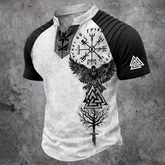 Men's Norse Viking Graphic Henley T-Shirt - Laced V-Neck Raglan Short Sleeve Black White