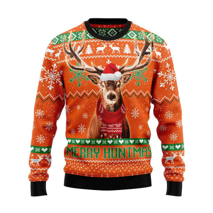 Unisex Vintage Deer Merry Huntmas Print Crew Neck Ugly Christmas Sweatshirt
