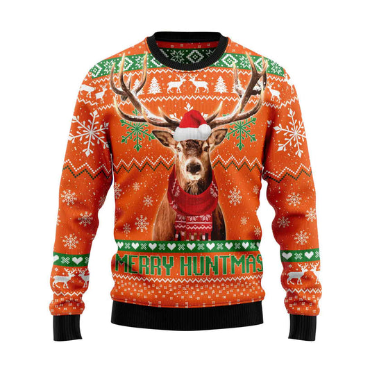 Unisex Vintage Deer Merry Huntmas Print Crew Neck Ugly Christmas Sweatshirt