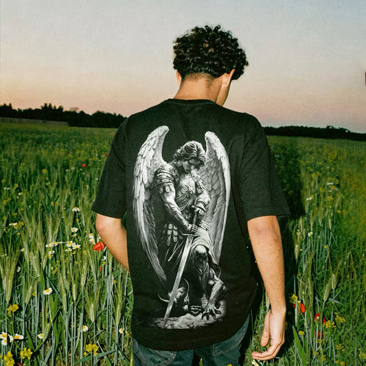 Black White Armored Angel Demon Slayer Field Graphic Printed Men's T-shirt