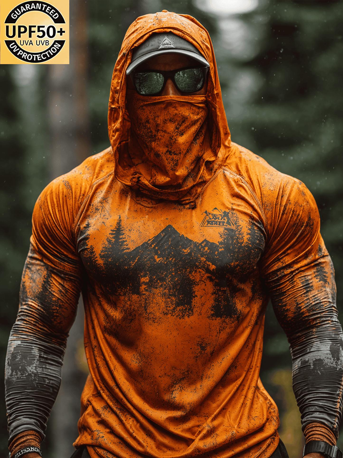 Men's Distressed Orange Camo Hooded Sun Shirt