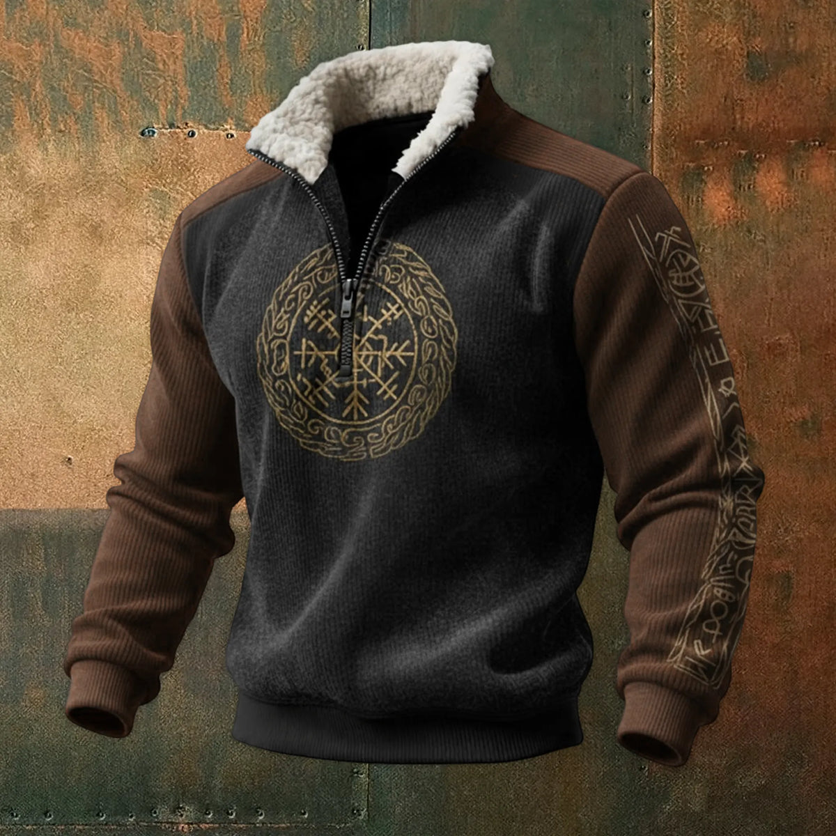 Nordic Viking Style Retro Vegvísir Fleece Collar Casual Long-Sleeve Sweatshirt