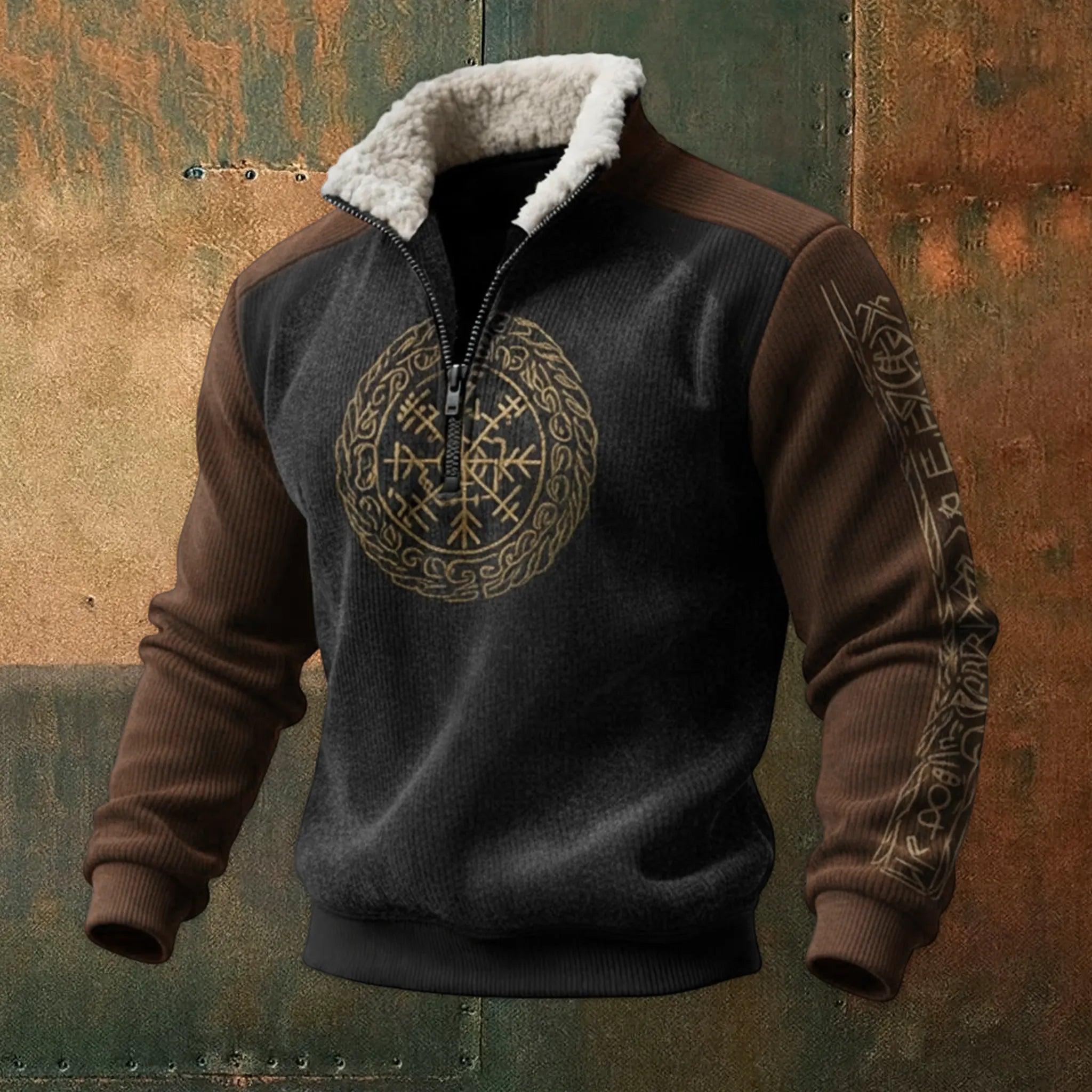Nordic Viking Style Retro Vegvísir Fleece Collar Casual Long-Sleeve Sweatshirt