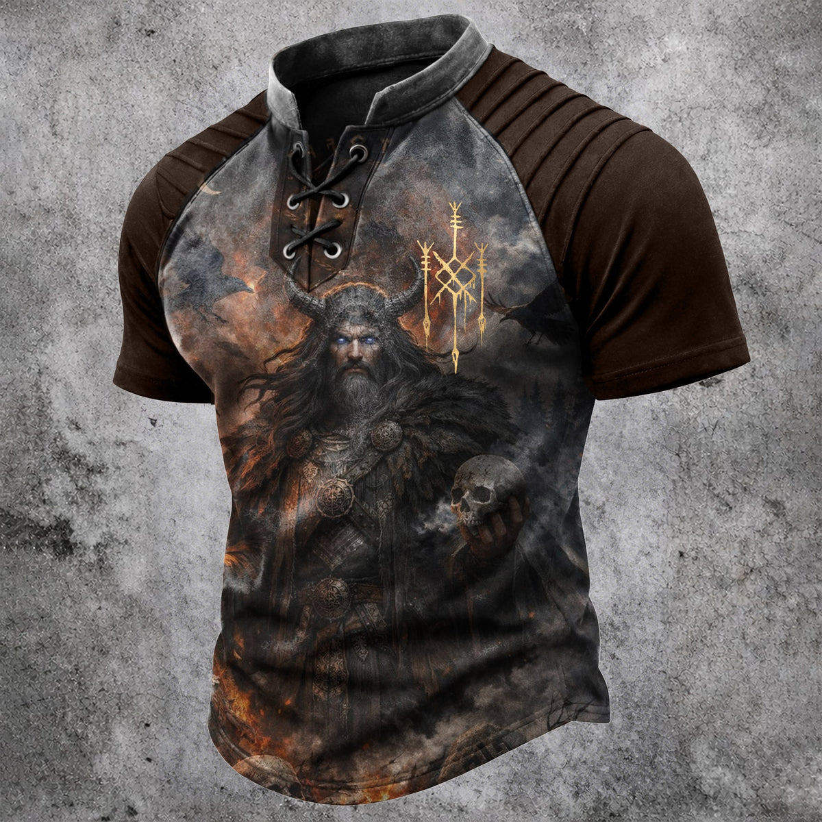 Men's Viking Graphic Lace-Up T-Shirt - Vintage Pleated Shoulder Short Sleeve Top