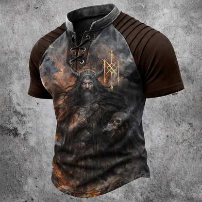 Men's Viking Graphic Lace-Up T-Shirt - Vintage Pleated Shoulder Short Sleeve Top